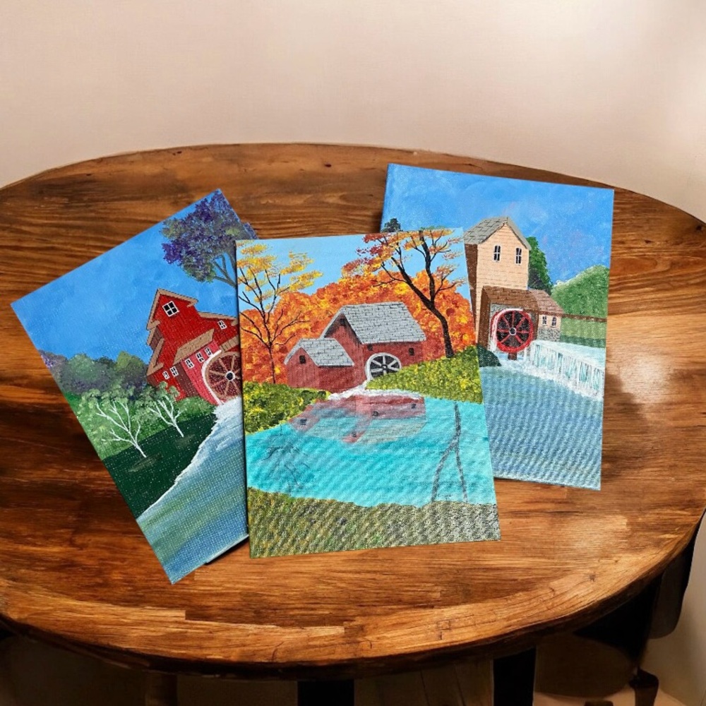 Set of Three Vintage Water Mill Paintings